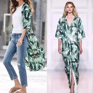 {Rachel Zoe} Curated Monstera Tassel Tie Tropical Long Cover Up Duster